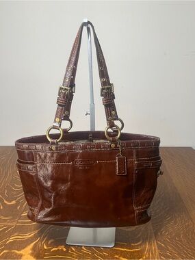 Coach Tribeca Brown Patent Leather Shoulder Tote with Brass Hardware and. COA.